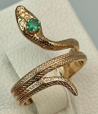 Rare 14K 583 Solid Rose Gold Snake Ring with Natural Emerald Crown 5.30 g 6,5 US