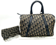 Auth Christian Dior Trotter Canvas Leather Navy Boston Bag/ Wallet W/D NS100543