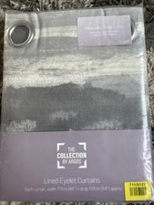 Argos Grey Watercolour Stripe Lined Eyelet Curtains Brand New W117 X D137cm