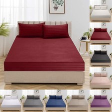 30CM Extra Deep Fitted Sheet Satin Stripe Single Double King Size OR Pillowcases