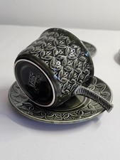 Vintage TAMS England Green Geometric Coffee Tea Cups & Saucers Set of 4