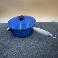 Le Creuset Cast Iron Blue Enamel Saucepan with Lid Wooden Handle France Size 22