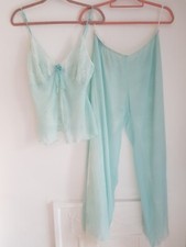 Janet Reger Vintage Silk Pyjamas Aqua & Ivory, UK Size L 12 New £249