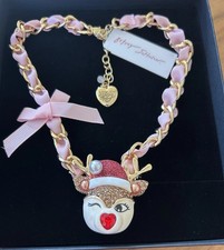 Betsey Johnson Necklace Red Nose Reindeer Gold Tone Pink Holiday Christmas New