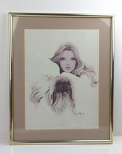 Vintage Print By Sara Moon 1970's Framed Catherine With Her Pekingese Dog Rare
