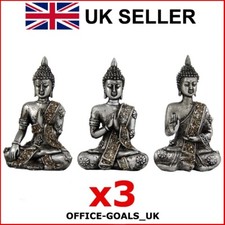 SET OF 3 Buddha Statue Ceramic Silver Glitter Design Buddhas Figurine Gift NEW