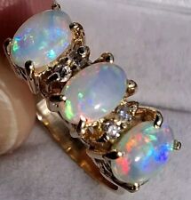 14Ct Gold Opal Diamond Trilogy Dress Vintage Cocktail Engagement Ring Size P