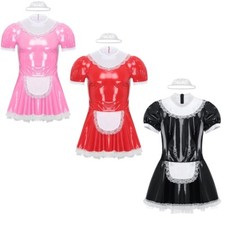 Men's Sissy PVC Leather Maid Dress Lace Apron with Headband Halloween Costume