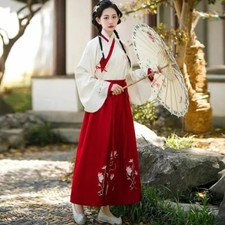 Women Girl Vintage Style Embroidery Hanfu Dress Chinese Costume Top+Skirt Party