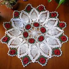17" Red Vintage Hand Crochet Lace Doily Flower Tablecloth Round Table Topper Mat