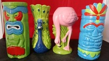 Peacock, Flamingo & Two Tiki Vases