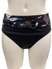 Sunseeker Black Bikini Bottoms UK 10 Swimwear Briefs Floral Belted & Buckle Trim
