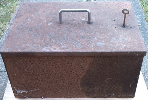Antique metal strongbox deed - strongbox, /deed