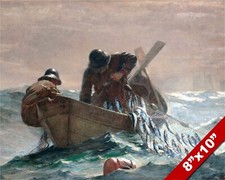 BOAT AT SEA HERRING FISHING W FULL NET OIL PAINTING ART REAL CANVAS GICLEE PRINT