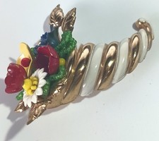 Vintage CORO? Gold-tone Enamel Cornucopia Brooch w Multicolor Flowers & Leaves