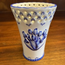 Vintage Delft Hand Painted Tulip Vase Pierced Lace Top Ceramic Holland Pottery