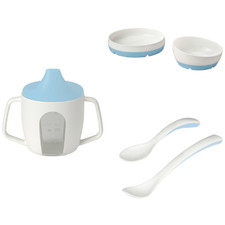 IKEA BORJA Baby Feeding Set White Blue Beaker Plate Bowl Spoons Toddler Training