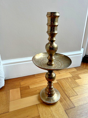 Etched brass floor candlestick - brass,
