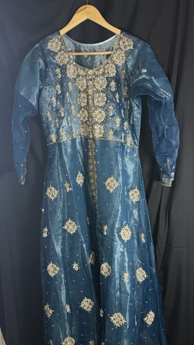 Teal blue organza embroidered - teal,