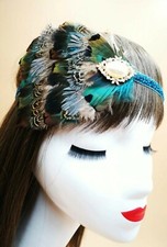 Dark Green Gold Peacock Feather Fascinator Hairband and Races 1920s Headband 