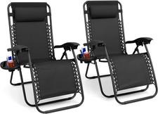 2X Zero Gravity Reclining Chair Garden Sun Lounger Folding With Pillow with Tray