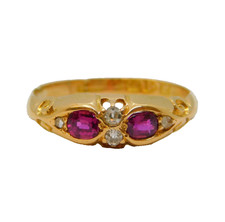 Edwardian 18ct Yellow Gold, Ruby & Diamond Boat Ring Antique 1908 Chester