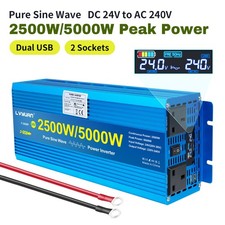 2500W 5000W Pure Sine Wave Power Inverter 24V to 240V Converter 2USB & 2AC & LCD