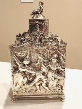 ANTIQUE Dutch 833 Silver Tea Caddy Ornate Repousse Florals Armorial Crest