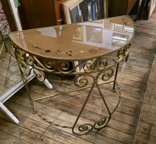 Vintage Wrought Iron Demi-lune Hall Table Peach Glass Top 30 inch rare heavy