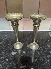 Vintage Pair English Silver Plated Fluted Bud Vases Pinched Stem Hard Soldered
