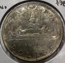 1952 Canada Silver Dollar $1 Canadian Canoe Coin - BU Uncirculated Toned