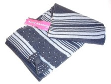 Alice Hannah wool blend knitted scarf in grey stripes with bow and pearl trim