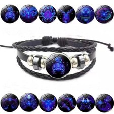 Glow in the Dark 12 Constellation Zodiac Leather Bracelet Adjustable Bangle New