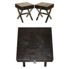 ANDREW MARTIN STYLE PAIR CHROME CROCODILE ALLIGATOR LEATHER PATINA SIDE TABLES