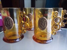 4 AMBER GLASS Brass Knuckle Duster man cave Beer Mug Stein WOLF Shield Crest LOT