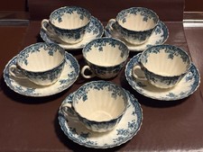 Vintage English Ironstone Blue & White  Tea Cup and Saucer Set - Gold Edging