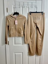 Juicy Couture Size S Classic Velour Bling Tracksuit Hoodie Pant Set Taupe