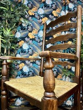 Vintage Oak Ladder Back Rush Seat Chair Warm Aged County Rustic Armchair Carver