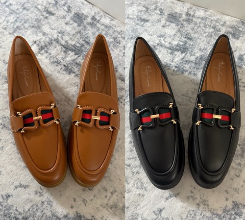 Ladies tan black loafers - tan,