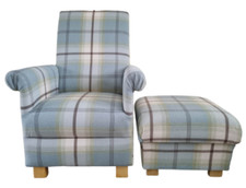 Adult Armchair & Footstool Balmoral Tartan Check Fabric Chair Pouffe Ochre Blue