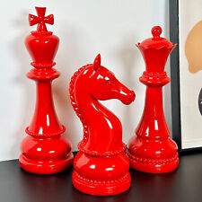 3pc Giant Chess Statues Glossy Red King Queen Knight Pieces Resin Sculpture Set