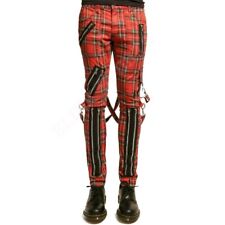Men's Gothic Plaid Bondage Red Zip Pants Steampunk Rock Slim Fit Straps Trousers