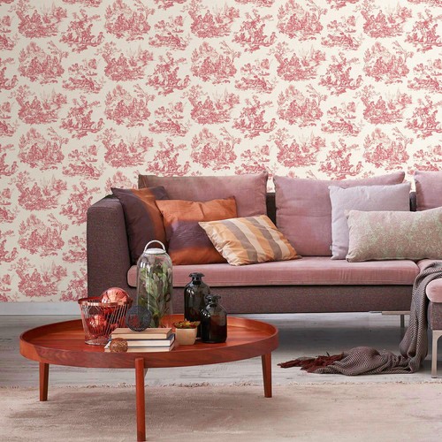 Cream red toile jouy - red,