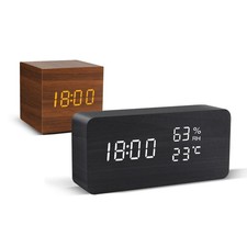 LED Wooden Alarm Clock Digital Display Table Desk Watch Voice Control Modern