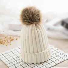 LADIES WOMENS WINTER KNITTED BEANIE SKI HAT THERMAL FAUX FUR BOBBLE POM POM