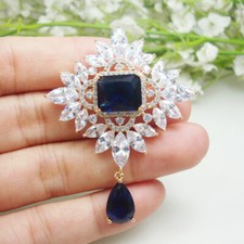 Vintage Blue Flower Teardrop Crystal Woman's Pendant Brooch Pin