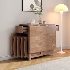 Space Saving Foldable Dining Table on Wheels Solid Wood Extending Kitchen Table