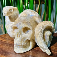 3.79LB White Moonlight Stone Quartz Skull and Twin Snake Carvings