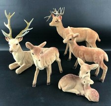 Vintage Fuzzy Flocked Deer Family Buck Figure Figurines Christmas Decoration Lot