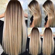 Womens Real Long Straight Hair Wigs Natural Ombre Brown Blonde Cosplay Party Wig